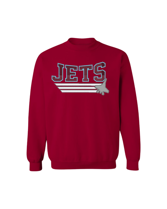 "Jets" Embroidered Crew Sweater - Crimson