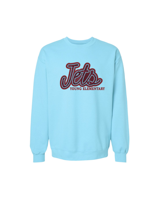 "Jets" Glitter Embroidered Crew Sweater - Sky Blue