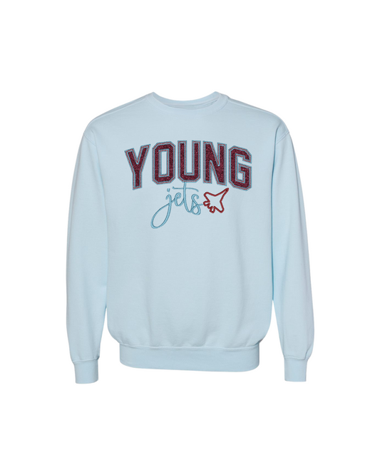 "Young" Glitter Embroidered Crew Sweater - Sky Blue