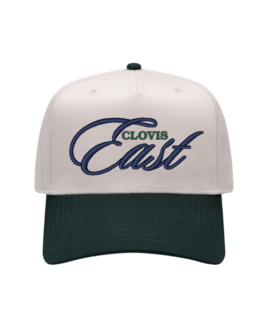 Clovis East Script Puff Cap - Dk Green/Natural