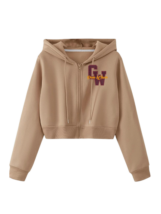 Varsity "CW"  Embroidered Full zip Crop Hoodie - Tan