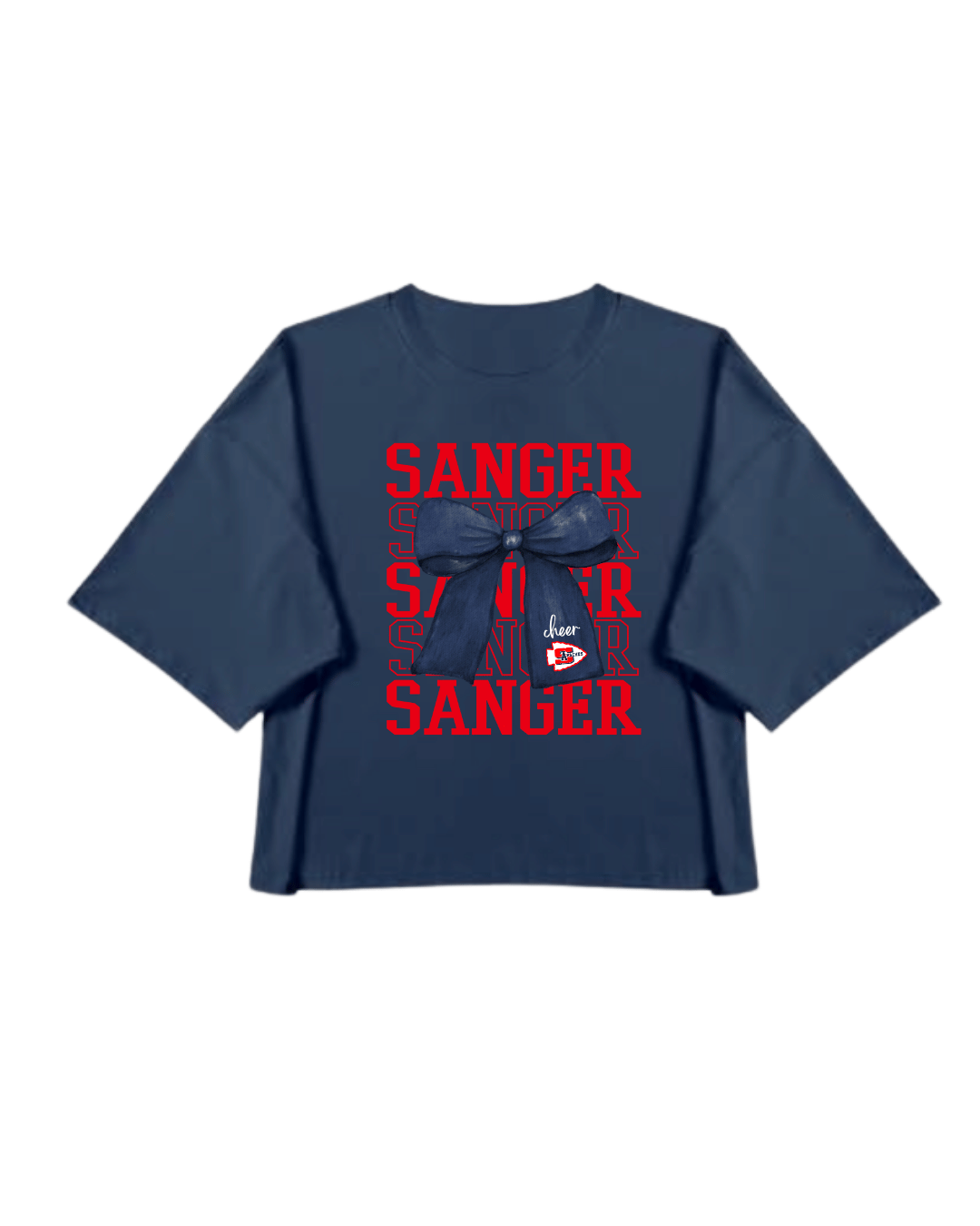 Sanger Cheer Bow Drop Shoulder Crop Tee - Navy